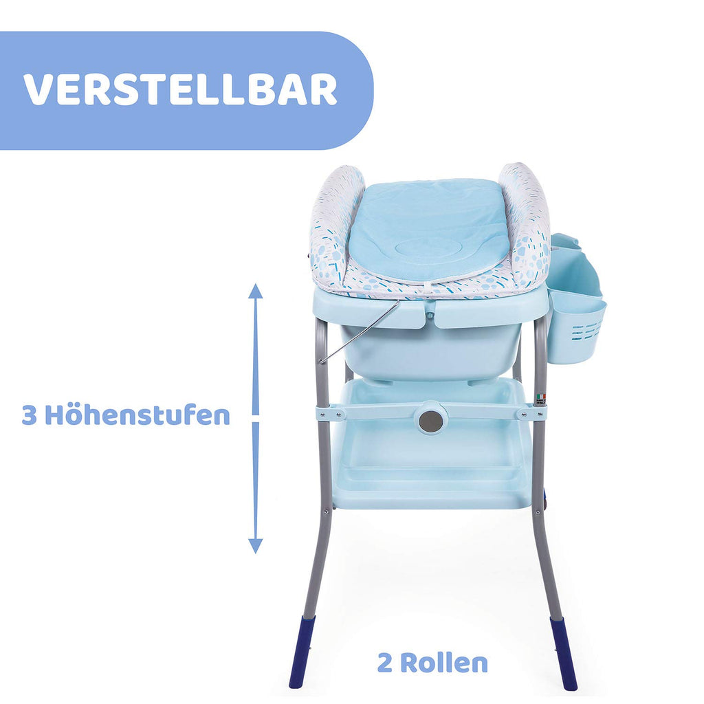 Chicco Cuddle & Bubble Badewanne Wickeltisch Neugeborenen Ergonomisch mit Matratze und Weichem Reduzierer, Höhenverstellbar, Kompakte Verschluss, Eltern Organizer 2 Räder, Max 11kg, Ocean