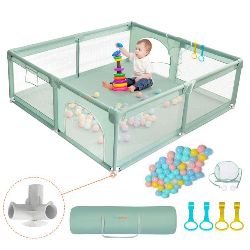 COMOMY Laufstall Baby, 180x200x66cm Laufgitter Baby Große XXL Sicherheitsspielplatz Schutzgitter für Kinder mit Weichem Netz, Rutschfestem Oxford Bottom, Bällen, Mini-Körbchen und 4 Zugringen, Grün
