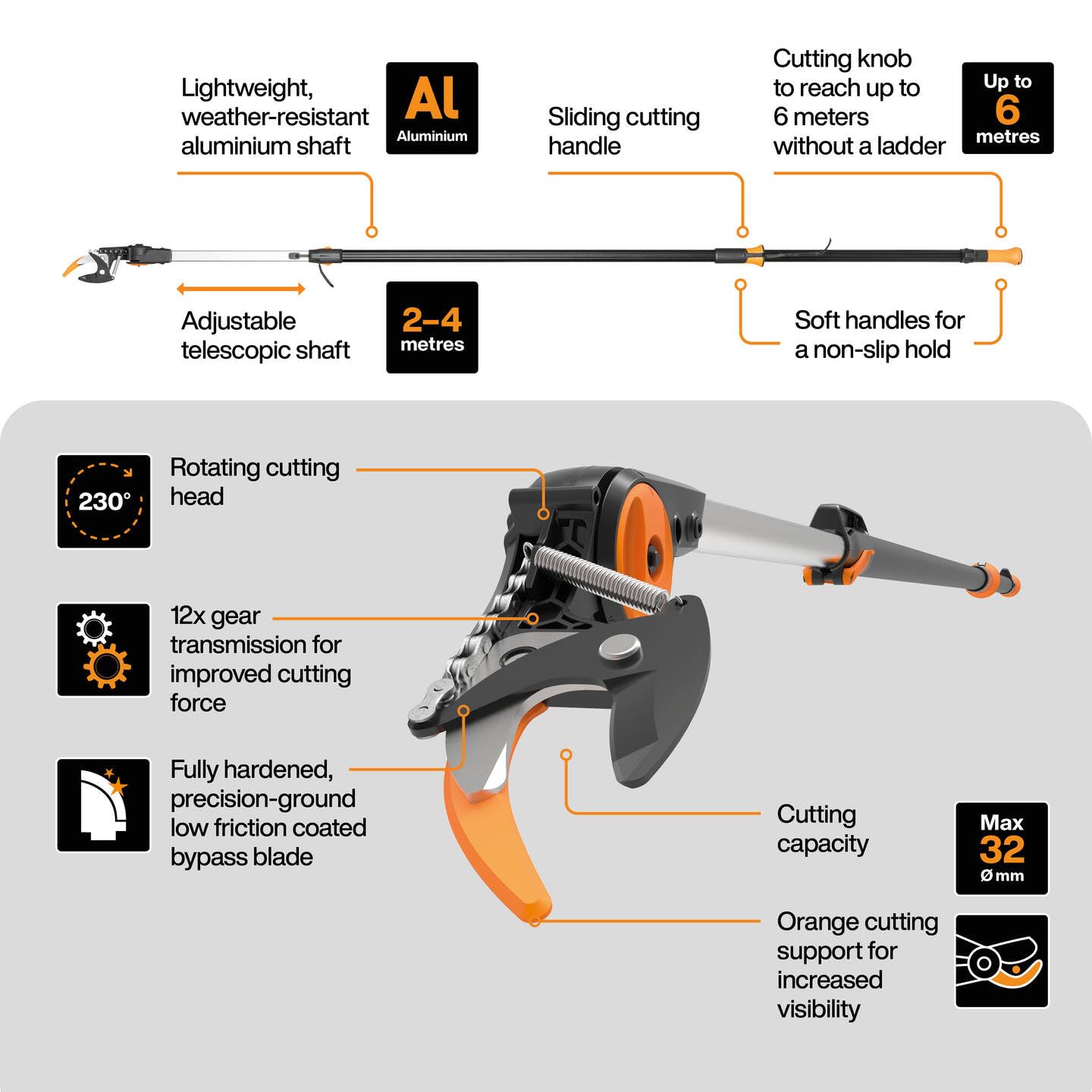 Fiskars Bypass Teleskop-Schneidgiraffe für frische Äste und Zweige, Antihaftbeschichtet, Stahlklinge/Aluminiumstiel, Länge 2,4 – 4 m, Schwarz/Orange, UPX86, 1023624