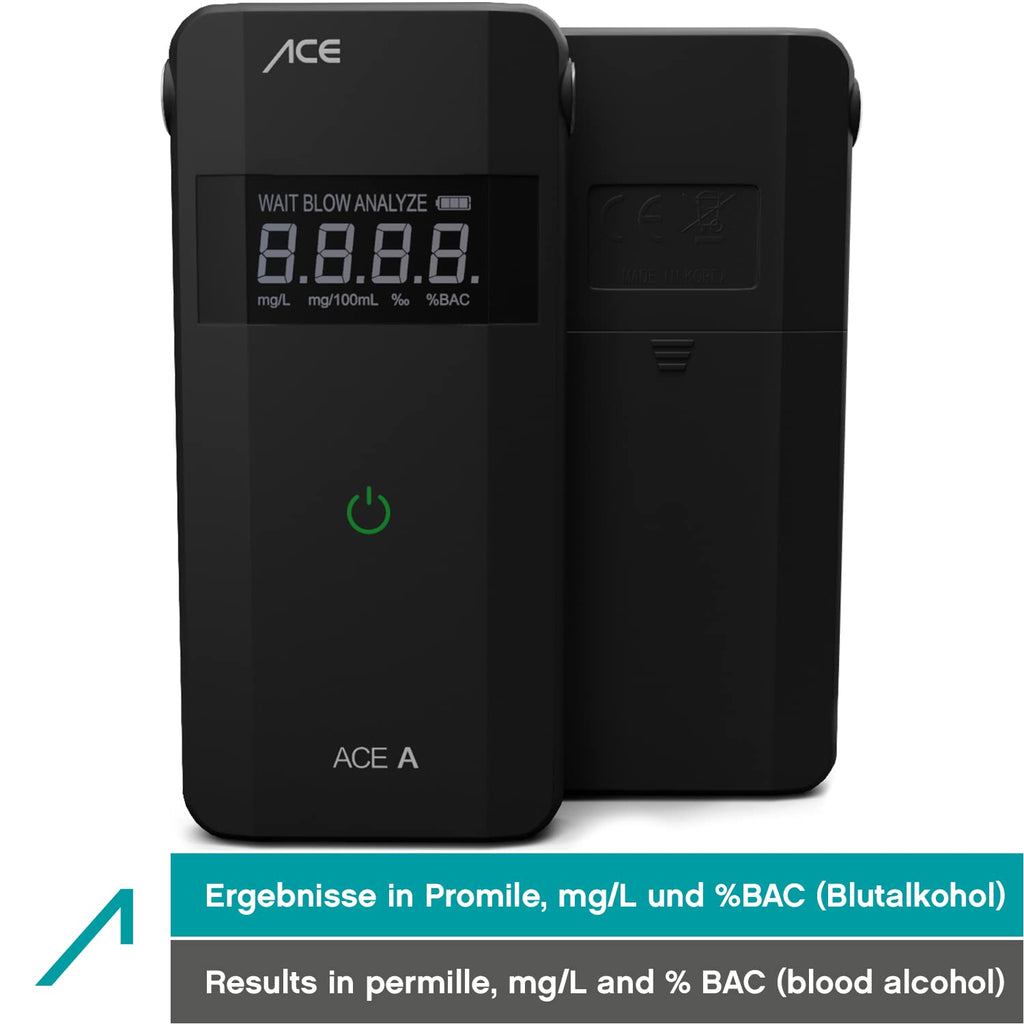 ACE A Alkotester - digitaler Alkohol-/Promilletester - Alkoholtester mit elektrochemischem Sensor und 1-Knopf-Bedienung, Schwarz