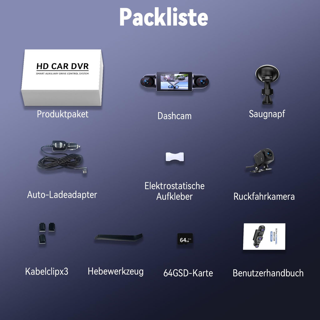 360° Dashcam Auto Vorne Hinten 4 Kanal Dash Cam Auto Kamera FHD 2K+1080Px3,4×140° Weitwinkel,WDR-Nachtsicht (8 IR-LEDs), 3" IPS Display,G-Sensor,24/7 Parkmodus,Loop-Aufnahme, inkl. 64GB SD-Karte, App