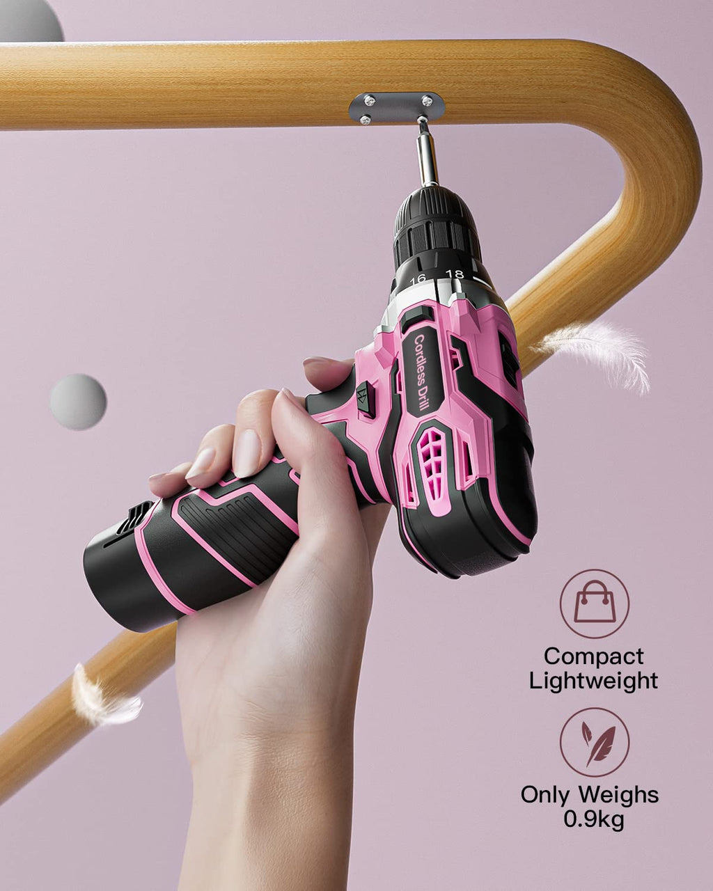 Akkuschrauber 12V Pink Rosa, Akkubohrer Klein, Akku Bohrschrauber Set mit 15 Zubehör und Tasche, 18+1 Drehmomentstufen, 10mm Bohrfutter, 2-Gang, LED-Licht, Leicht Akku Schrauber für Reparatur & DIY