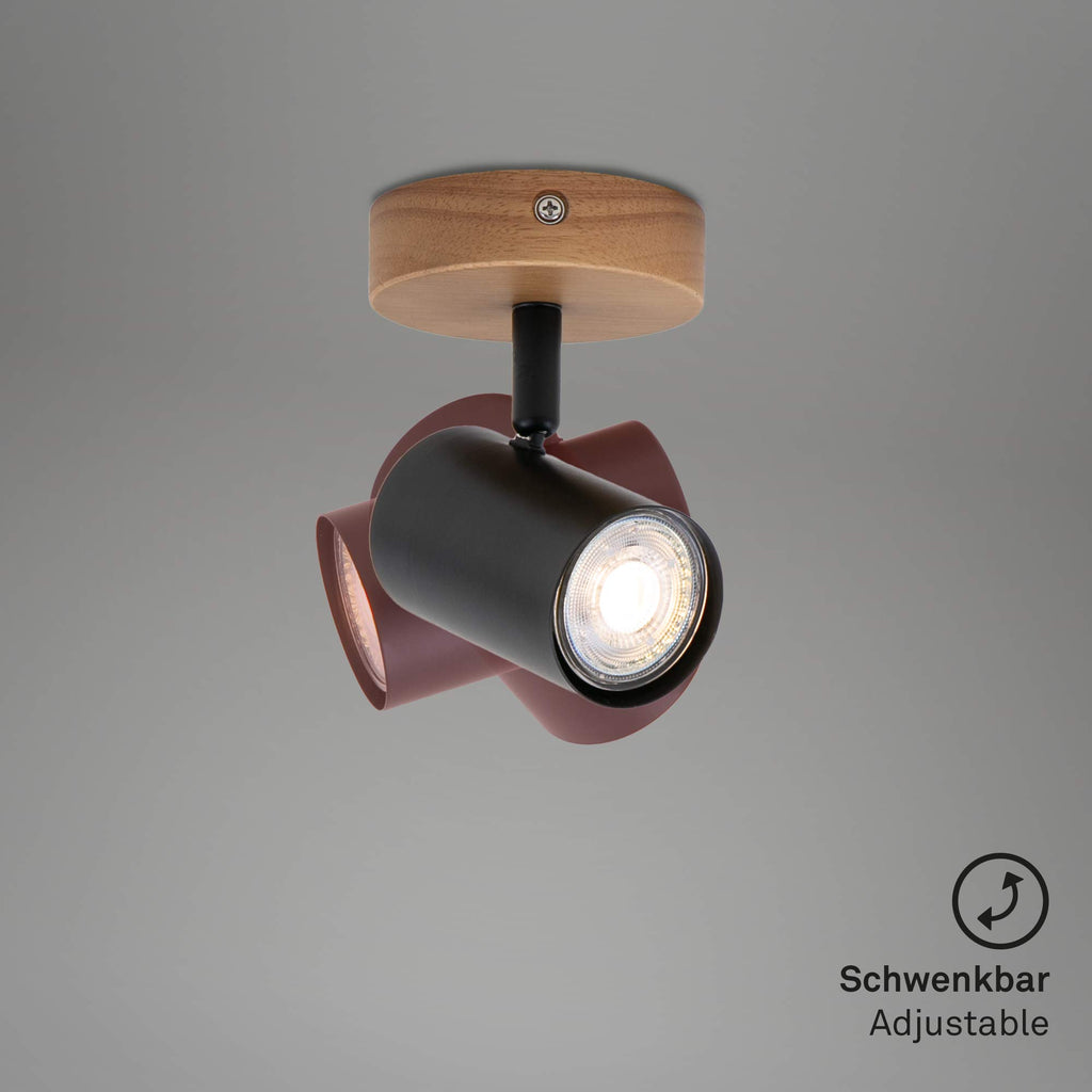 BRILONER - Wandleuchte Innen schwenkbar, Vintage, Holzbasis, Wandlampe innen, Wandstrahler, Wandlicht, Wandbeleuchtung, Schlafzimmer, Flurlampe, Wall Light, 11x11x15,7 cm, Schwarz-Gold
