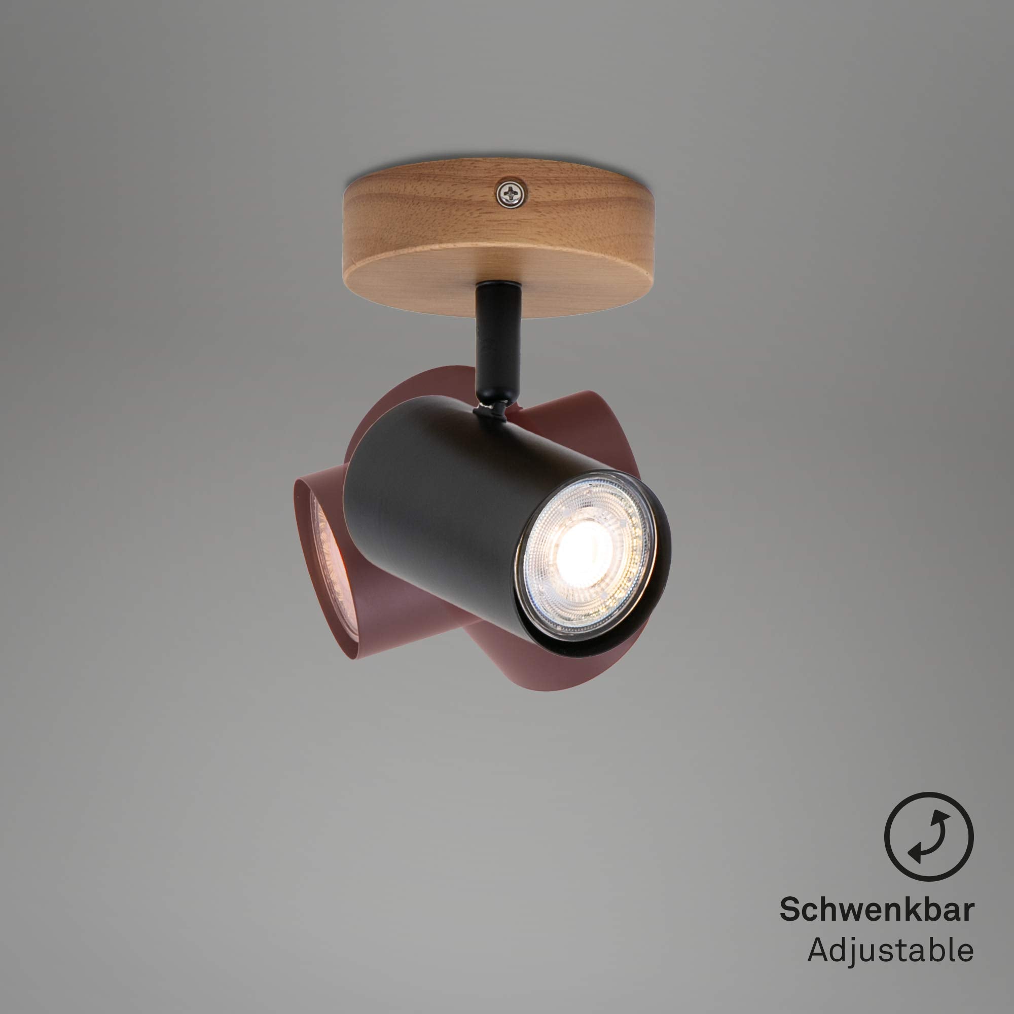 BRILONER - Wandleuchte Innen schwenkbar, Vintage, Holzbasis, Wandlampe innen, Wandstrahler, Wandlicht, Wandbeleuchtung, Schlafzimmer, Flurlampe, Wall Light, 11x11x15,7 cm, Schwarz-Gold