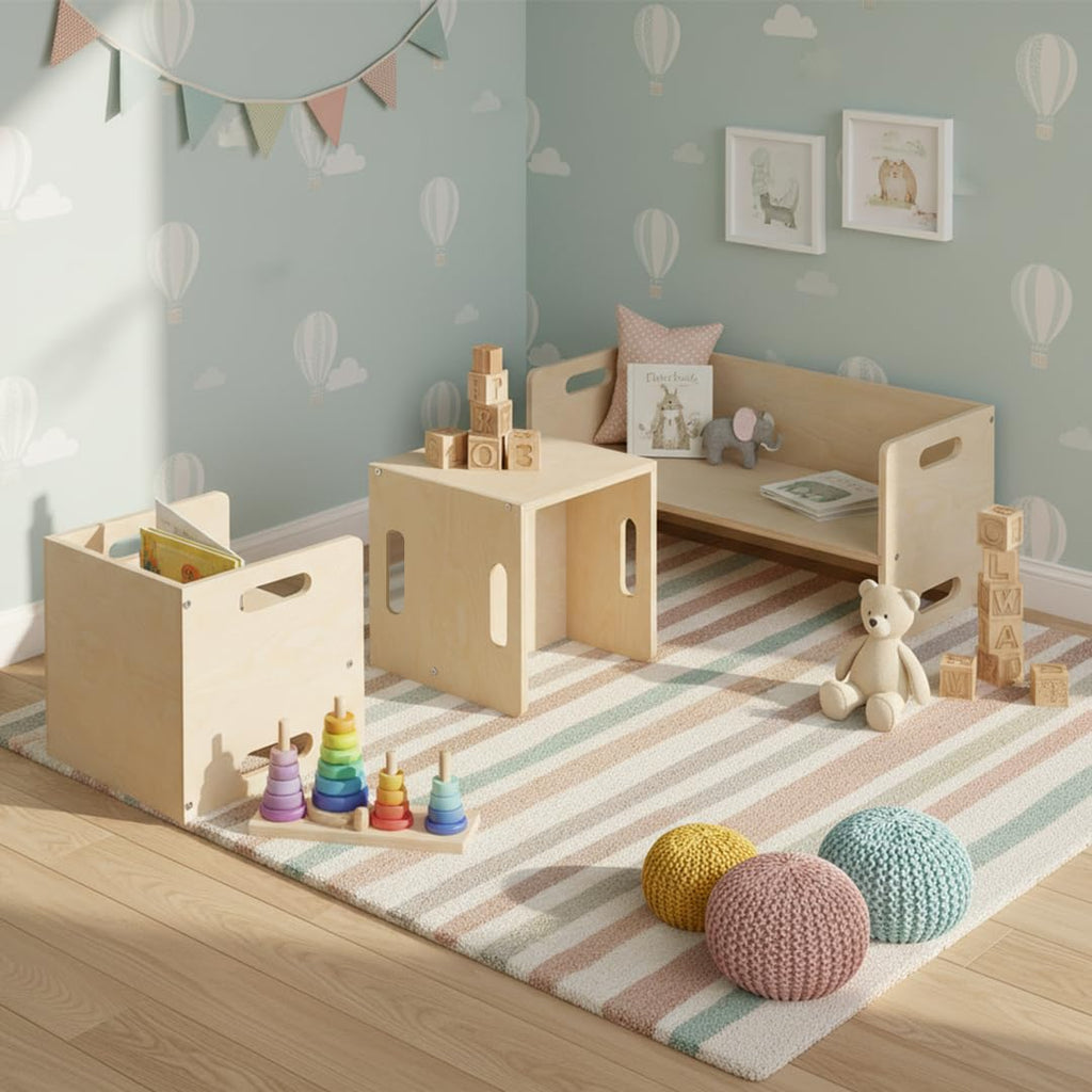 Bellabino Aki Kindersitzgarnitur - Kindermöbel Set 3 teilig - 2in1 Kinderhocker/Beistelltisch aus Holz Natur - Montessori Wendebank Birke - Kindersitzgruppe Indoor - Kindertisch mit Kinderstuhl