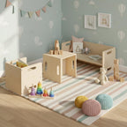 Bellabino Aki Kindersitzgarnitur - Kindermöbel Set 3 teilig - 2in1 Kinderhocker/Beistelltisch aus Holz Natur - Montessori Wendebank Birke - Kindersitzgruppe Indoor - Kindertisch mit Kinderstuhl