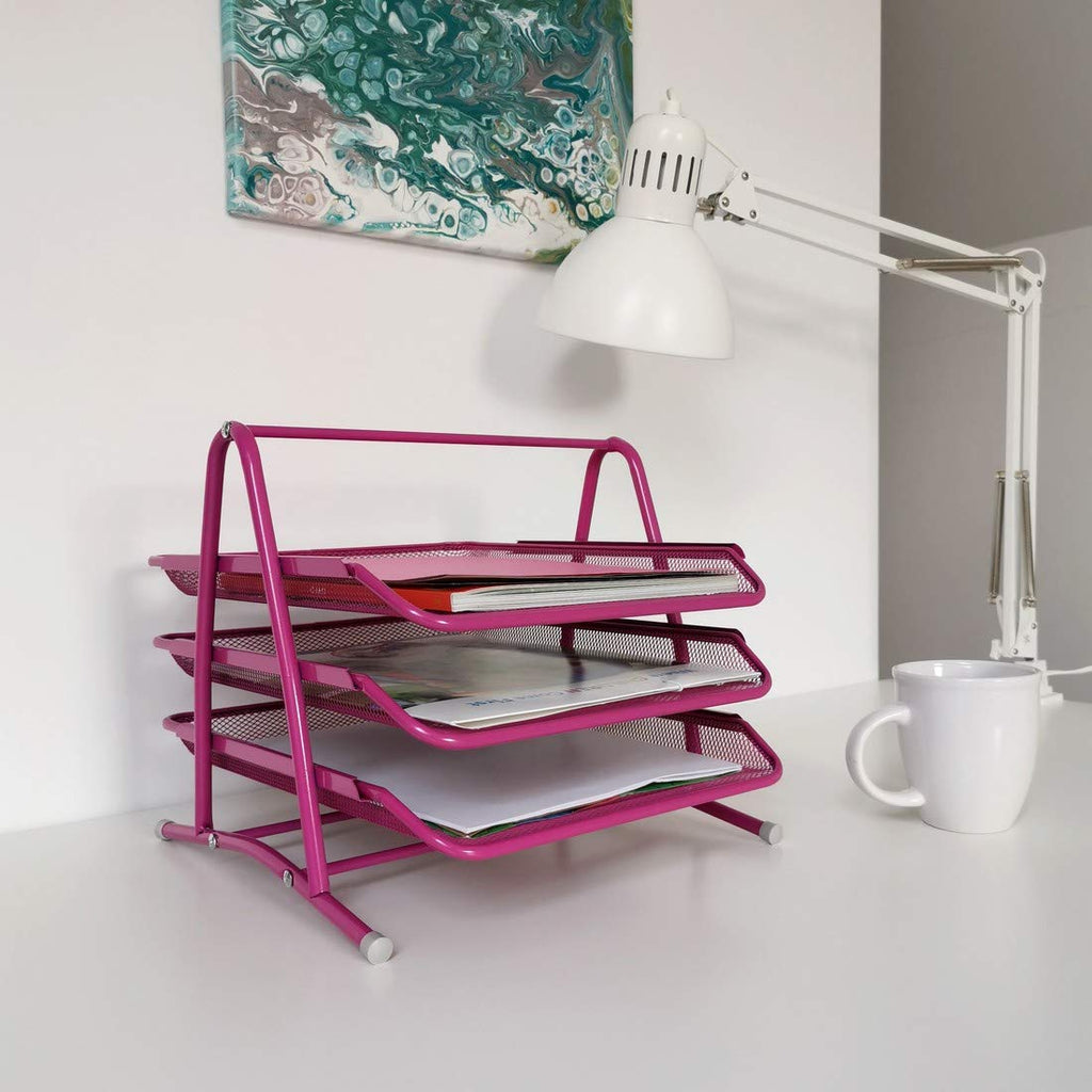 Leviatan Metall Ablage Ablagefächer | Büro Organizer Schreibtisch | Schubladen für Dokumente | 3 Schubfächer Briefablage Dokumentenablage A4 Organizer Mesh | Rosa