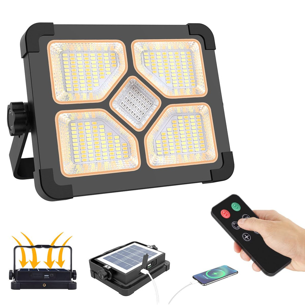 ERAY 150W LED Baustrahler Akku Solar Tragbare Mit Fernbedienung, 15000mAh LED Strahler Akku, LED Arbeitsleuchte 296 Perlen/5 Modi/USB-Wiederaufladbar, Campinglampe Tragbar für Camping Notfälle Keller