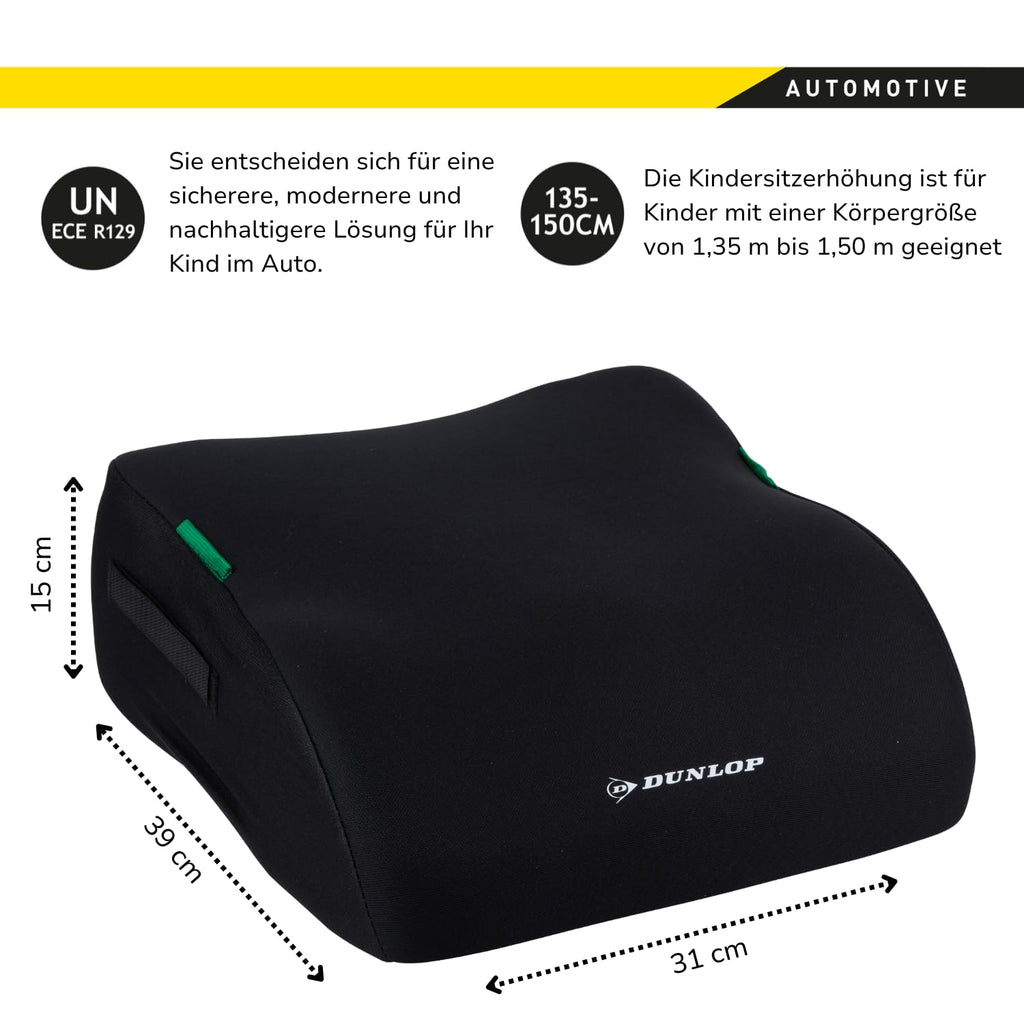 Dunlop Sitzerhöhung Auto Kinder Schwarz Kindersitzerhöhung ECE R129 - Ergonomischer Kindersitz Ab 3 Jahre - Kinderautositz Mit Waschbarem Bezug - Sitzkissen Auto Für Kinder 135-150 cm