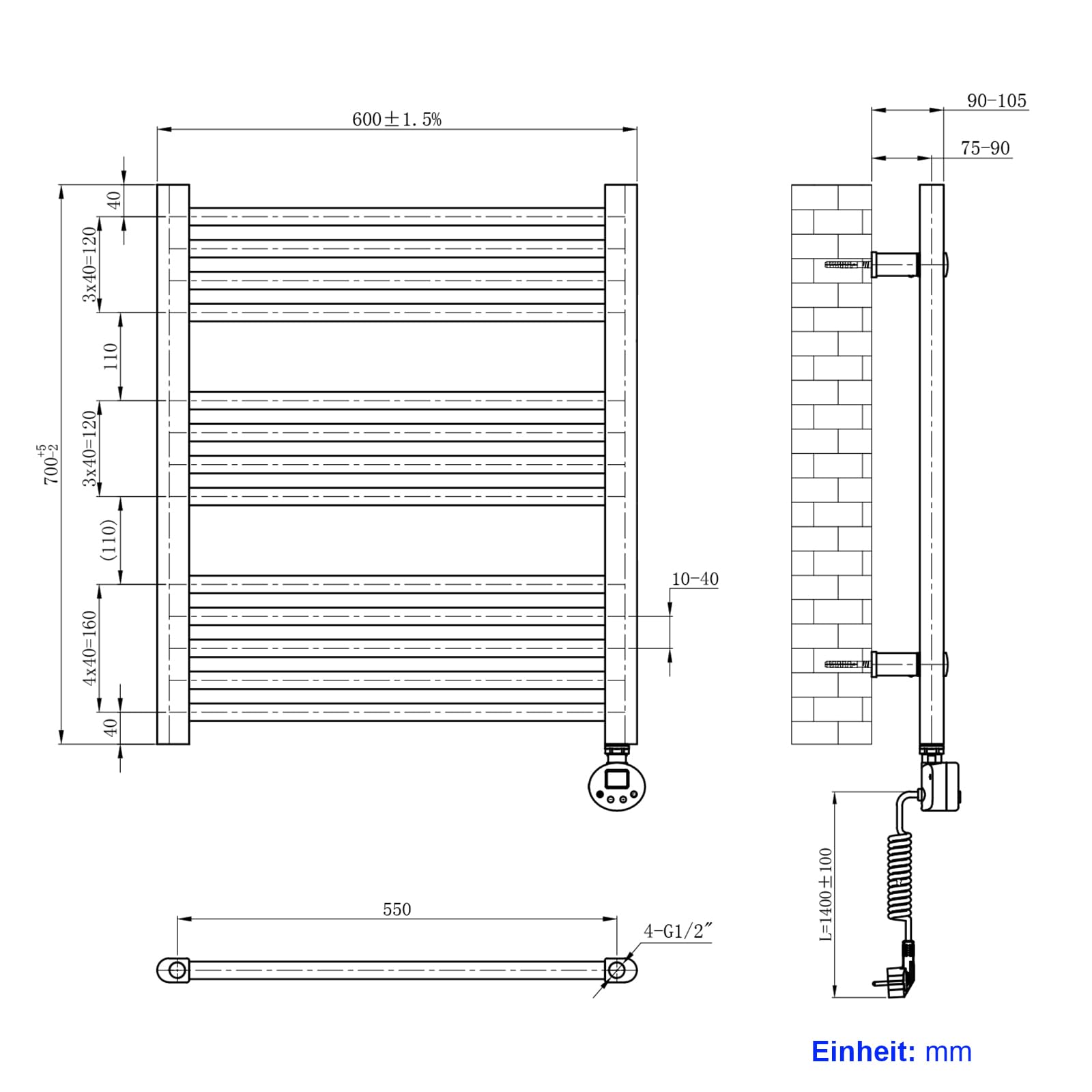 Heilmetz Badheizkörper Elektrisch 70x60cm Badheizkörper Elektrisch mit Thermostat+Timer-Funktion Gerade Handtuchheizkörper Anthrazit 330W