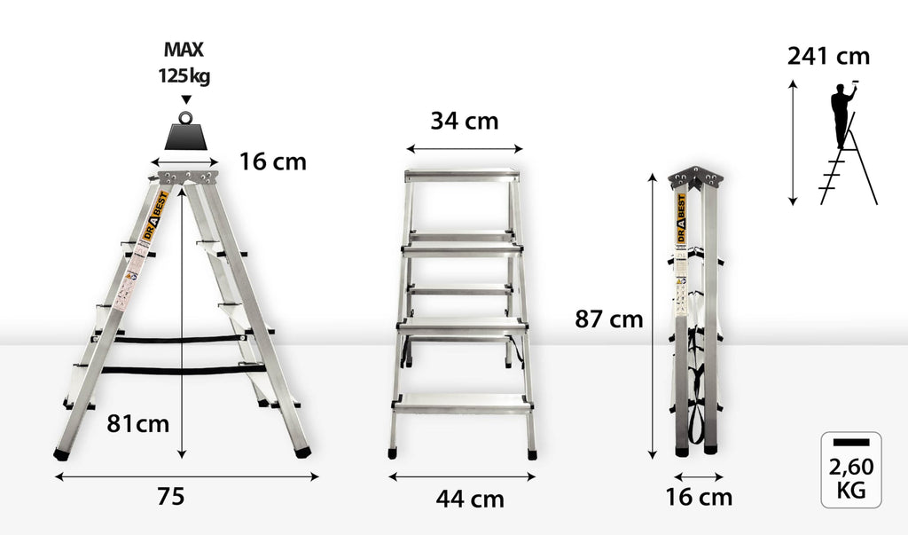 DRABEST Trittleiter Klapptritt Alu Leiter 2 x 4 Stufen Beidseitig Mehrzweckleiter Hausleitern bis 125 kg Belastbar Leiter