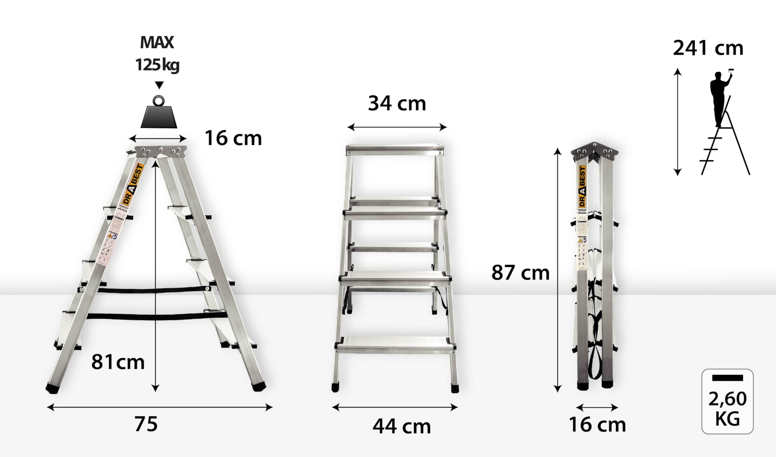DRABEST Trittleiter Klapptritt Alu Leiter 2 x 4 Stufen Beidseitig Mehrzweckleiter Hausleitern bis 125 kg Belastbar Leiter