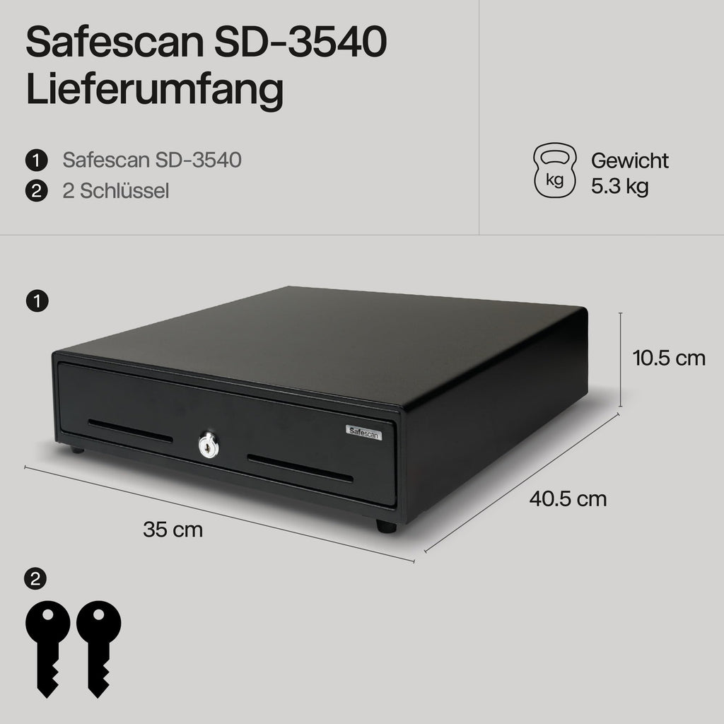 Safescan SD-3540 Standard-Duty Kassenschublade mit 4 Fächern für Banknoten und 8 für Münzen - Kassenlade mit RJ-12 Anschluss (z.B. Registrierkasse) - Solide Kassenschublade von 35 x 40,5 x 10,5 cm