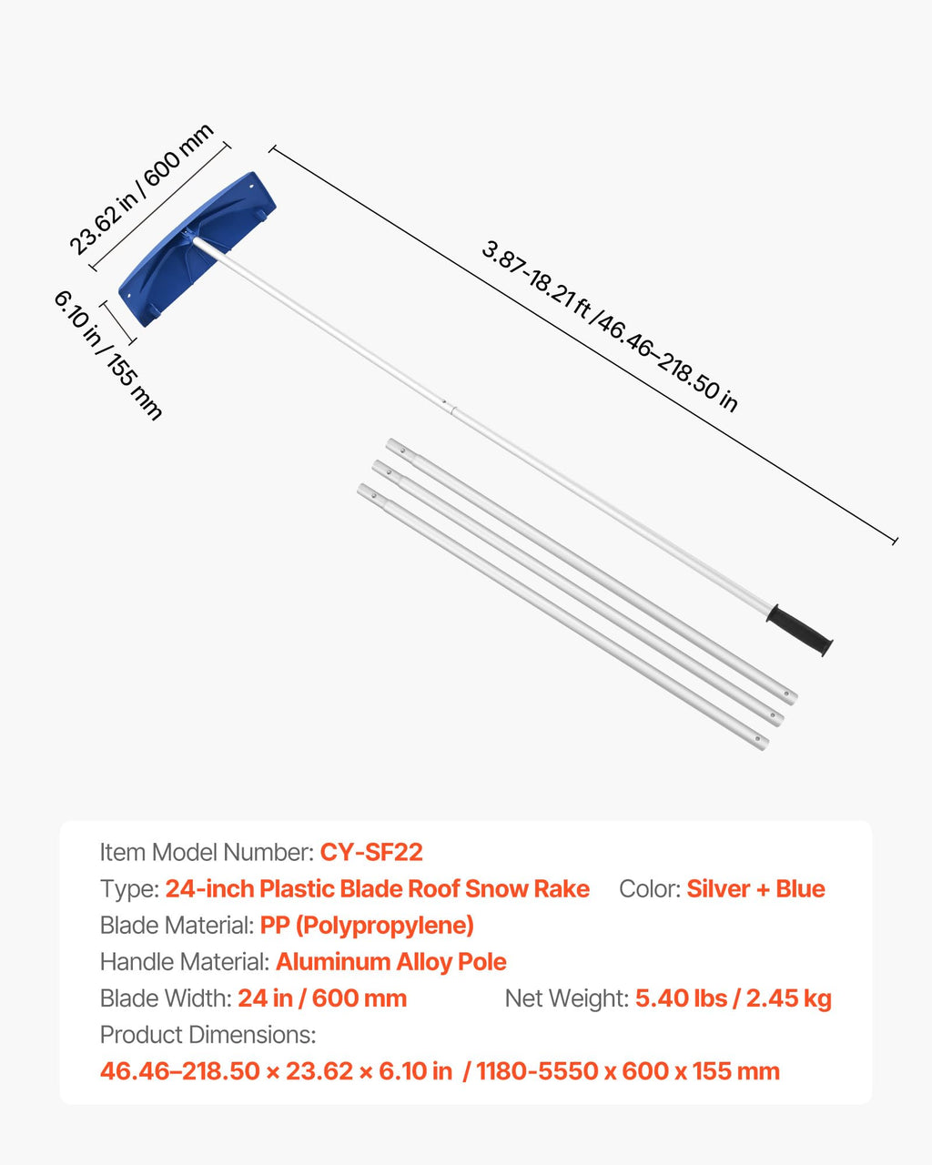 VEVOR Schneedachrechen, 60 cm Klinge aus PP, 118–555 mm Verstellbarer Schneeschieber mit Rädern, Schneeräumwerkzeug mit rutschfestem Griff, Hausdachrechen zum Entfernen von Laub & Schnee