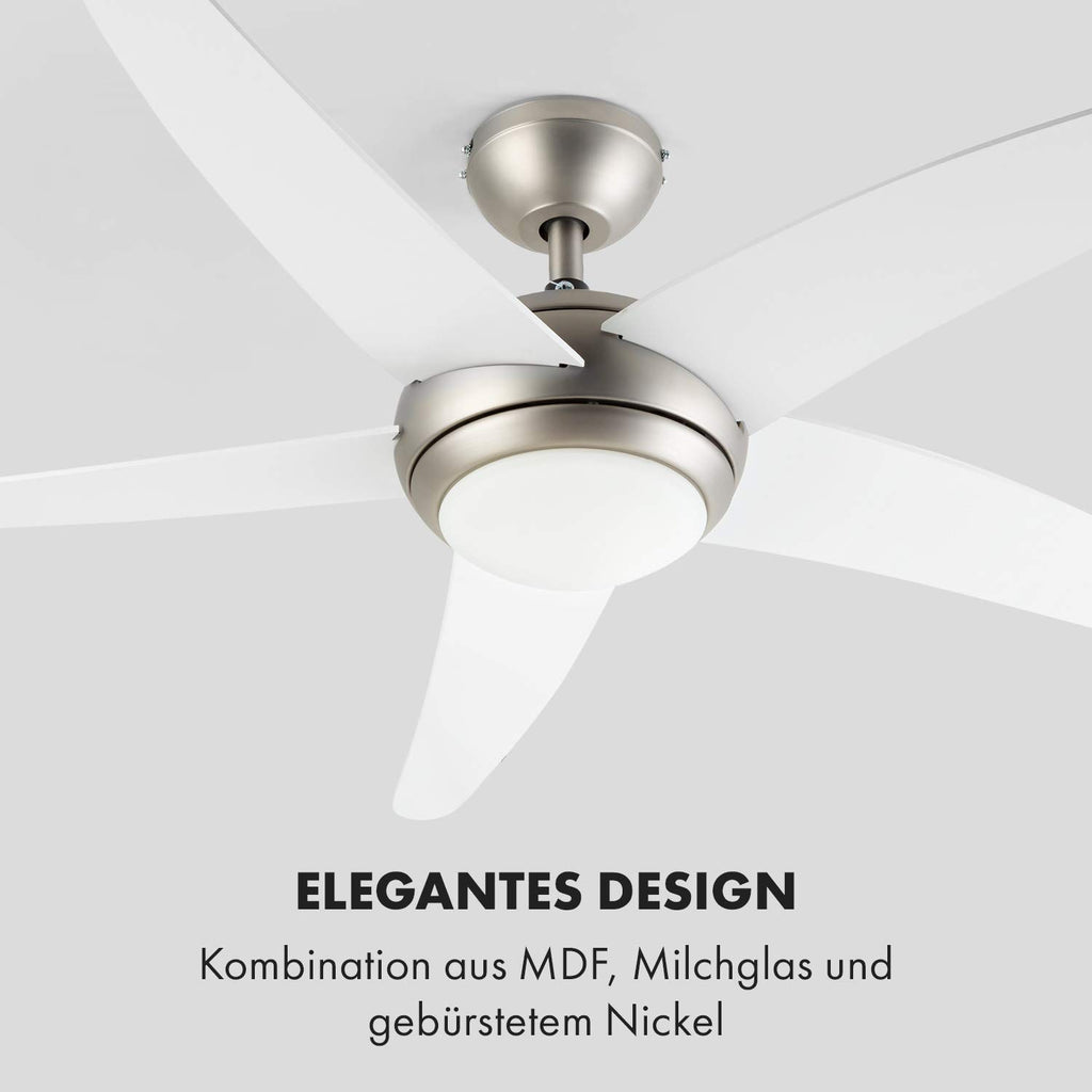 Klarstein Bolero - 2-in-1-Deckenventilator 134cm durchmessender Ventilator, Leuchte 55W Leistung, Holzflügel, Fernbedienung, 50 dB, 3 Drehgeschwindigkeiten: schnell, mittel, langsam, weiß
