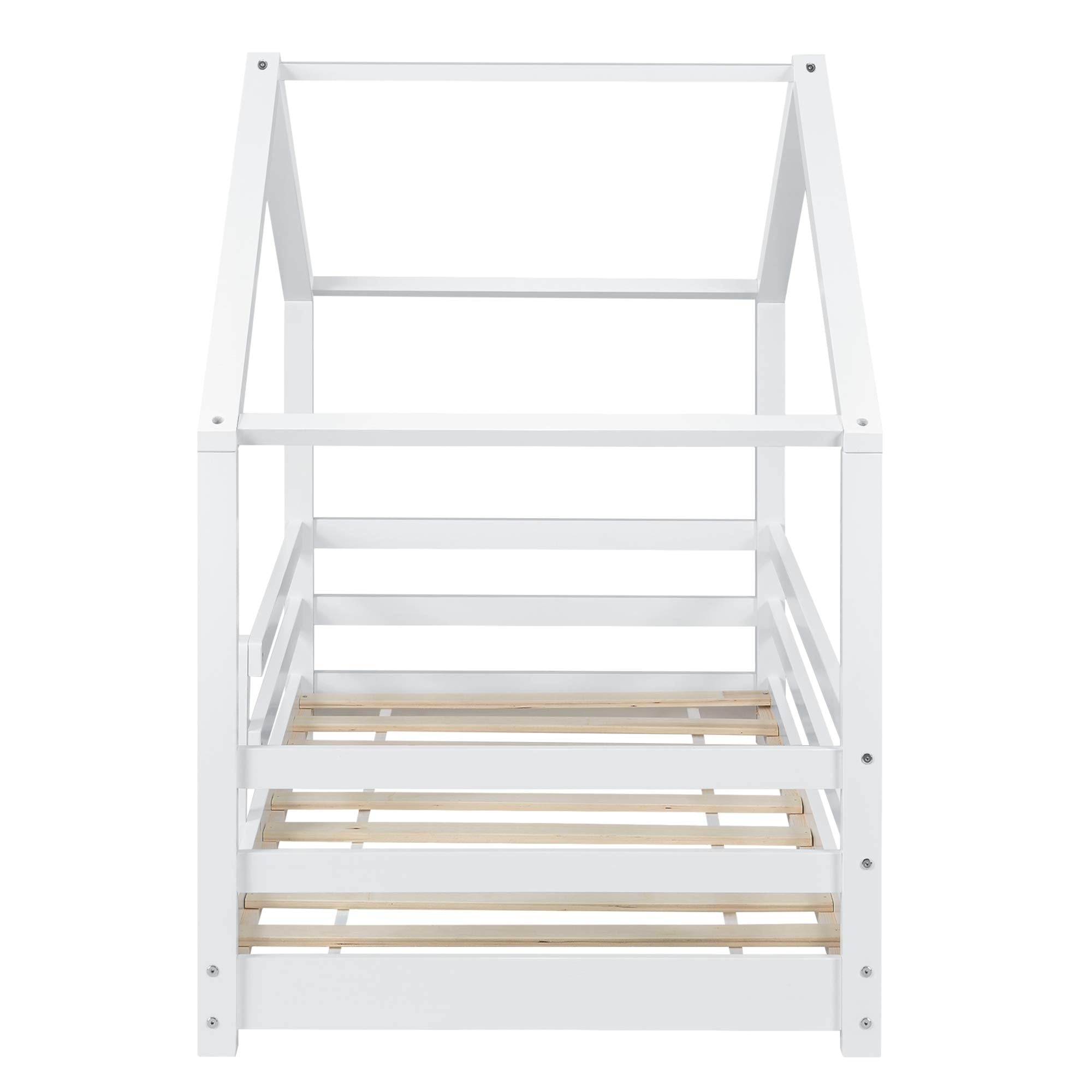 [en.casa] Kinderbett Knätten Hausbett Bodenbett 90 x 200 cm Holzbett für Kinder mit Rausfallschutz Bettgestell mit Lattenrost Kiefernholz Weiß