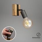 BRILONER - Wandleuchte Innen schwenkbar, Vintage, Holzbasis, Wandlampe innen, Wandstrahler, Wandlicht, Wandbeleuchtung, Schlafzimmer, Flurlampe, Wall Light, 10x10,3x9 cm, Holz-Schwarz