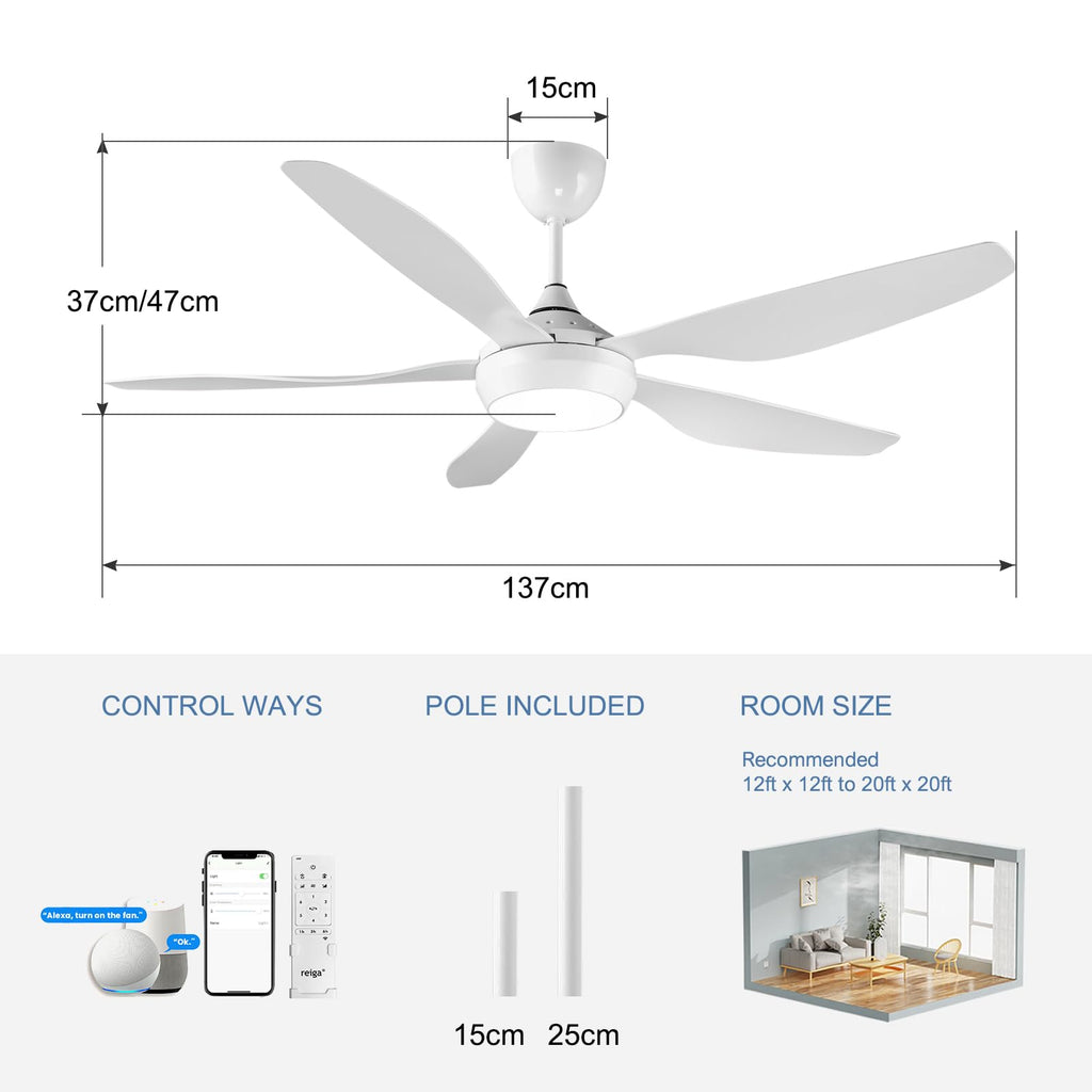 reiga Deckenventilator mit dimmbarer LED Beleuchtung und Fernbedienung, 137 cm Deckenventilatoren 5 Flügel, Kompatibel mit Smart App Alexa - Weiß