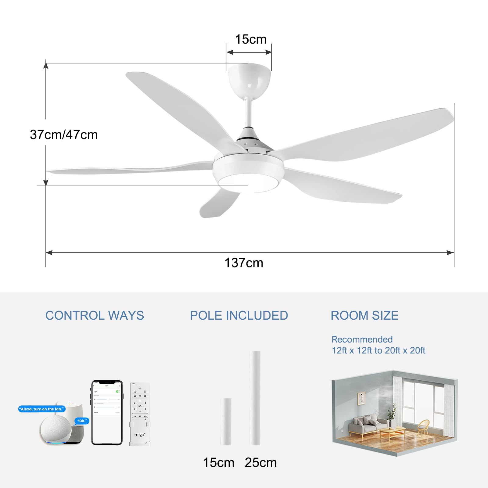 reiga Deckenventilator mit dimmbarer LED Beleuchtung und Fernbedienung, 137 cm Deckenventilatoren 5 Flügel, Kompatibel mit Smart App Alexa - Weiß