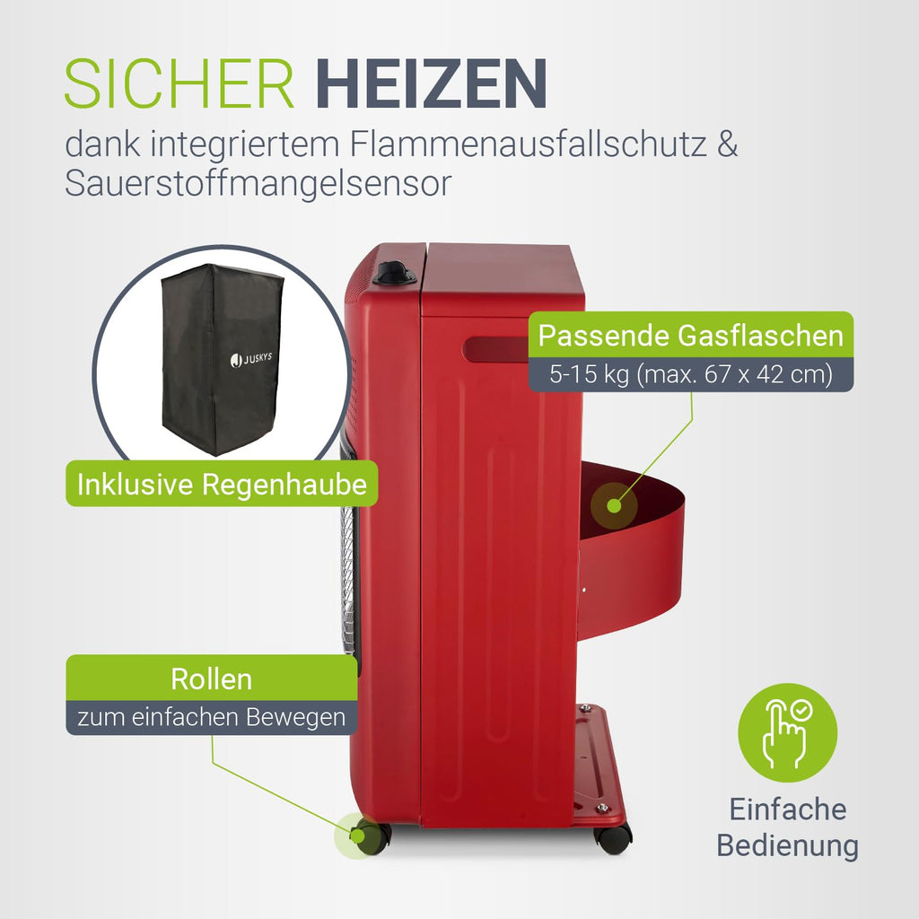 Juskys® Keramik Gasheizung GS42US in Rot - 4200 W mit Druckregler & Schlauch - Mobil, effizient & energiesparend - Gasheizer Gasheizofen Gasheizgerät