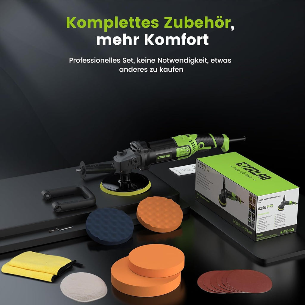 ETOOLAB Upgrade Auto Poliermaschine [2025 Verbessert] 1300W, 7 Variable Geschwindigkeit, 22 tlg, Poliermaschine Set mit 152/178mm Polierpad, für Auto Boot KFZ
