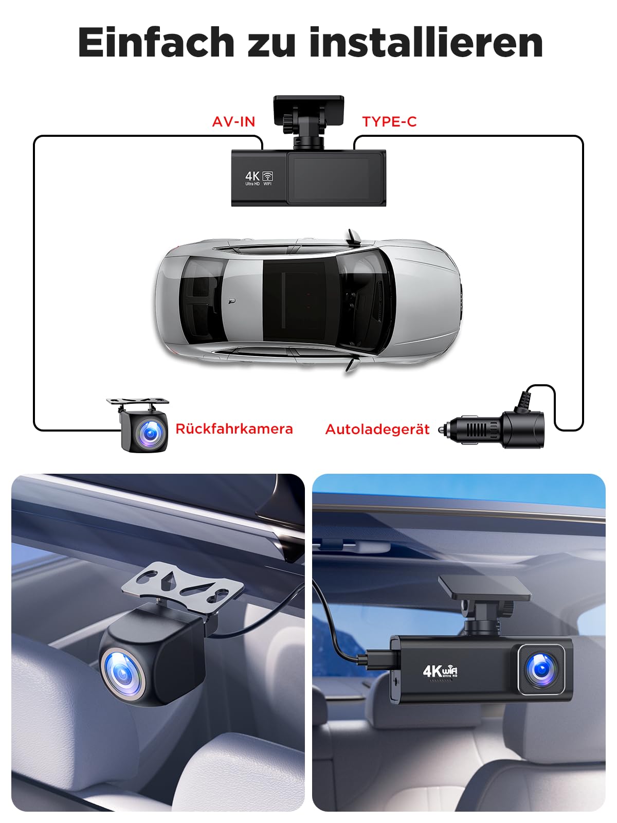 Topabol Dashcam Auto, 4K + 1080P Dashcam Auto Vorne Hinten, WiFi Dash Cam mit 64GB SD Karte, Dual Auto Kamera mit Nachtsicht, 170° Weitwinkel WDR, G-Sensor, Loop-Aufnahme, APP Steuerung, Max 256GB