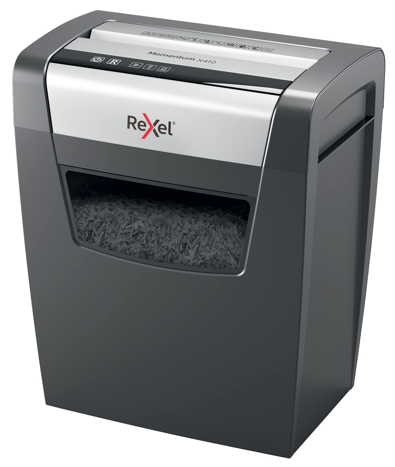 Rexel Aktenvernichter Momentum X410, Partikelschnitt, 11-10 Blatt A4 (70-80 g/m²) Kapazität, Sicherheitsstufe P4, 23L Abfallbehälter, Schredder, schwarz, 2104571EU