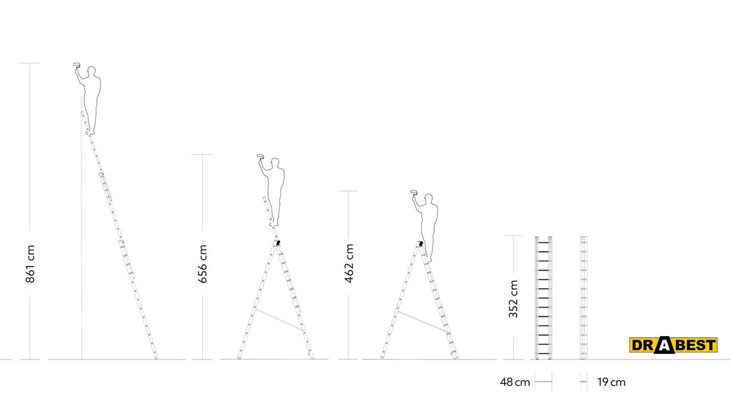 DRABEST Leiter PRO Serie Aluleiter 3-teilig Mehrzweckleiter 3x13 Stufen Leiter Multifunktionsleiter Kombileiter bis 150 kg Beslastbar - Arbeitshöhe 8,61 m - inkl. Eimerhaken