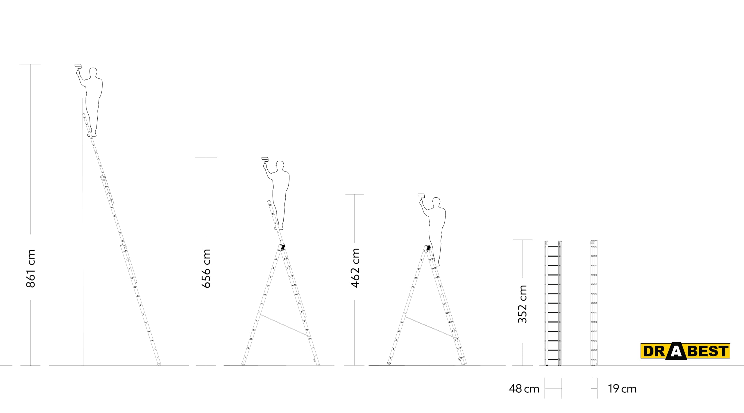 DRABEST Leiter PRO Serie Aluleiter 3-teilig Mehrzweckleiter 3x13 Stufen Leiter Multifunktionsleiter Kombileiter bis 150 kg Beslastbar - Arbeitshöhe 8,61 m - inkl. Eimerhaken