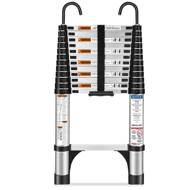 HBTower 3,8m Teleskopleiter Aluminium mit Haken, Leichte Ausziehleiter, Leiter Ausziehbar, klappbare Leiter für Dachböden, Caravans, 150kg Tragfähigkeit, Silber