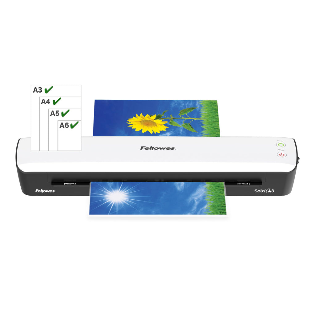 Fellowes Laminiergerät A3 Sola für Zuhause und Homeoffice, für Laminierfolien bis 125 Mikron Stärke, staufrei, Laminiergerät zum Laminieren von Fotos, Dokumenten, Rezepten, Lernkarten uvm