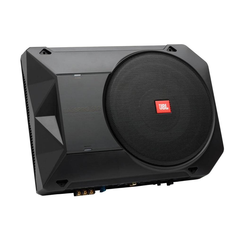 JBL BassPro SL2 Aktiv Subwoofer Auto Set - Car hifi Untersitz Bassbox Gehäuse mit Bassreflex Woofer box groß 200mm und 125 Watt aktiver Verstärker, Schwarz, 44
