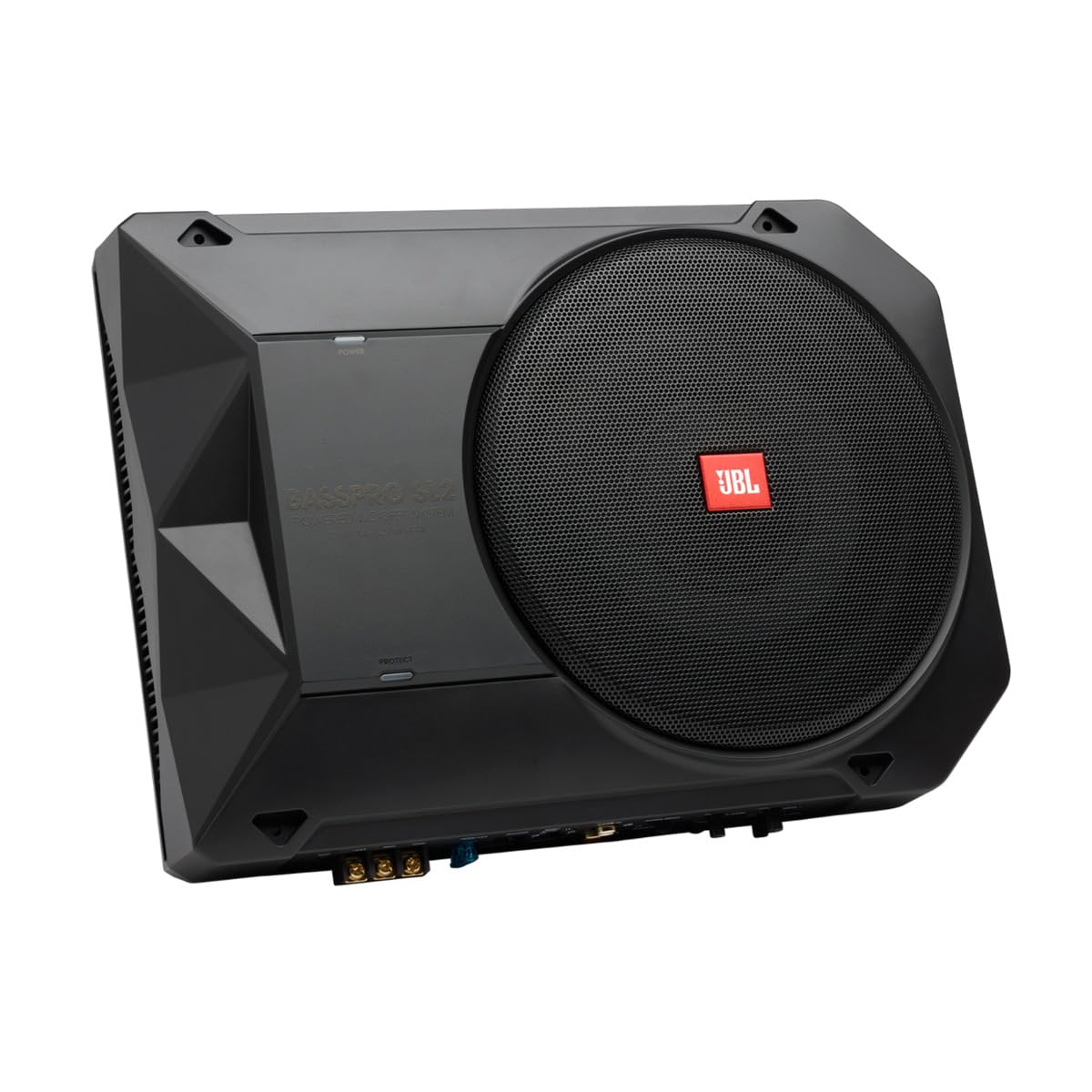 JBL BassPro SL2 Aktiv Subwoofer Auto Set - Car hifi Untersitz Bassbox Gehäuse mit Bassreflex Woofer box groß 200mm und 125 Watt aktiver Verstärker, Schwarz, 44
