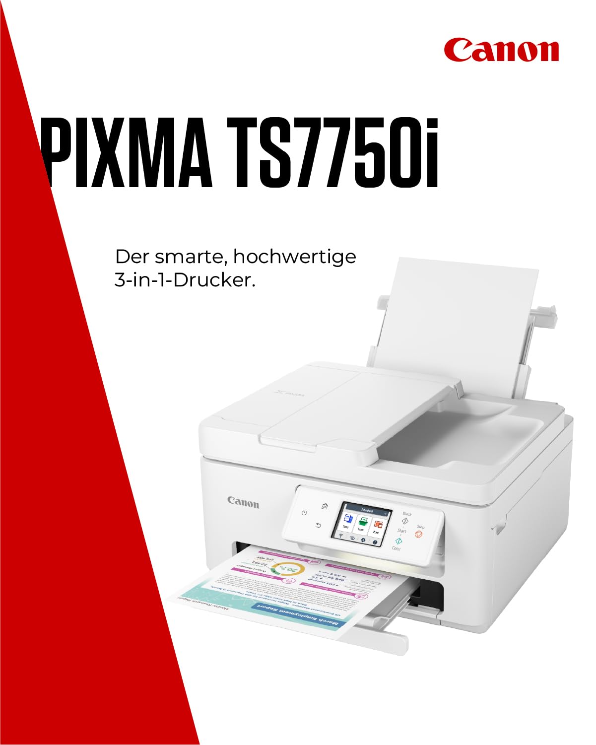 Canon PIXMA TS7750i Multifunktionsdrucker 4in1 (Tintenstrahl,Drucken, Kopieren, Scannen,Faxen, A4, 6,7 cm Touch, WLAN, 35 Blatt ADF, 2 Papierzuführungen, kompatibel mit Pixma Print Plan "Abo") Weiß