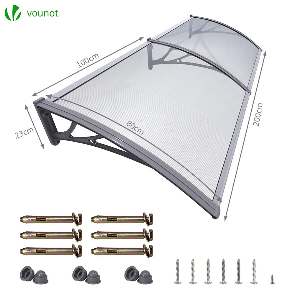 VOUNOT Vordach für Haustür 200 x 80 cm, Überdachung Haustür aus Aluminium und Polycarbonat, Transparentes Pultbogenvordach, Pultvordach, Grau
