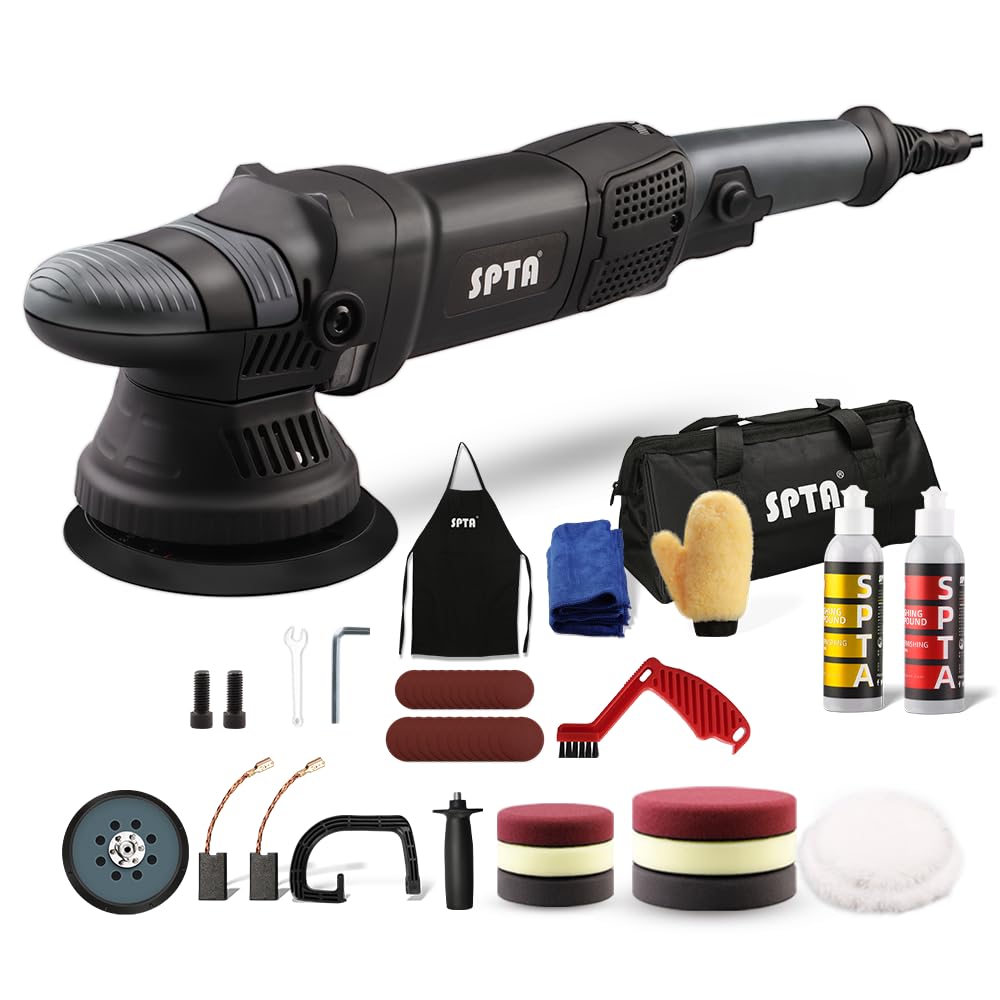 SPTA Auto Poliermaschine, 780W Exzenterpolierer, 6 Variable Geschwindigkeit, mit 125mm und150mm Polierschwamm, Abnehmbarer D-Griff und Seitengriff, 4M Kabel, zum Polieren von Auto, Boot, Motorrad