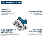 Bosch Professional Kreissäge GKS 190 (Leistung 1400 Watt, Kreissägeblatt: 190 mm, Schnitttiefe: 70mm inkl. HM-Kreissägeblatt, Absaugadapter, Parallelanschlag, Sechskantstiftschlüssel)