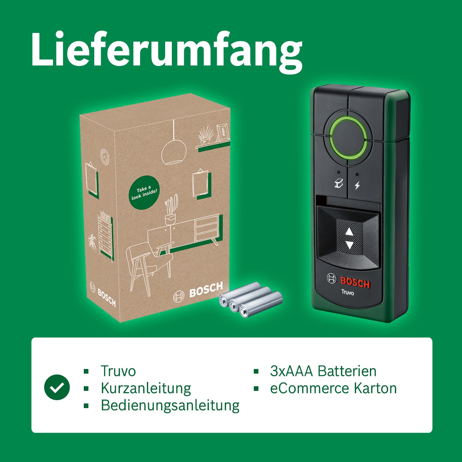Bosch Ortungsgerät Truvo der 2. Generation (einfache Ein-Knopf-Bedienung, einfaches Orten von stromführenden Kabeln und Metallobjekten, Wandscanner bis 70mm, im E-Commerce Karton)