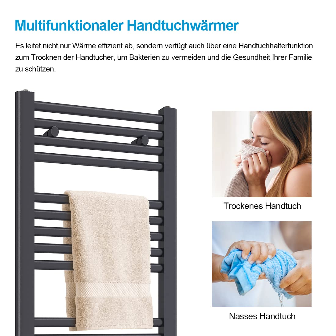 Heilmetz Badheizkörper Elektrisch 100x60cm Handtuchwärmer mit Digitalem Thermostat mit Timer-Funktion Gerade Handtuchtrockner Anthrazit 500W