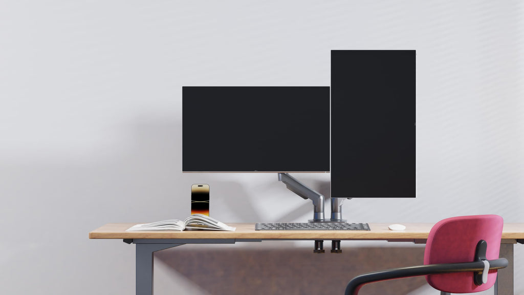 Ergosolid Desktop-Halterung für 2 PC-Bildschirme (17-27 Zoll), verstellbar in Mehreren Achsen, Drehgelenk, Gasfeder bis 2 x 9 kg, F160VAR