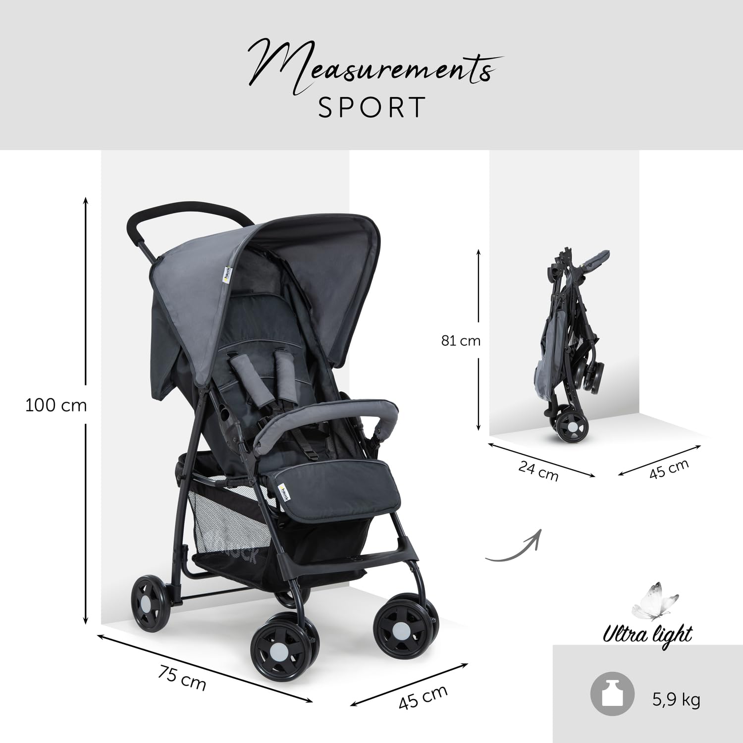 hauck Buggy Sport, Charcoal/Stone - Federleichter Reisebuggy 5,9 kg - mit Liegefunktion für Kinder ab Geburt bis 15 kg - Klein Zusammenklappbar, Großer Einkaufskorb bis 3 kg