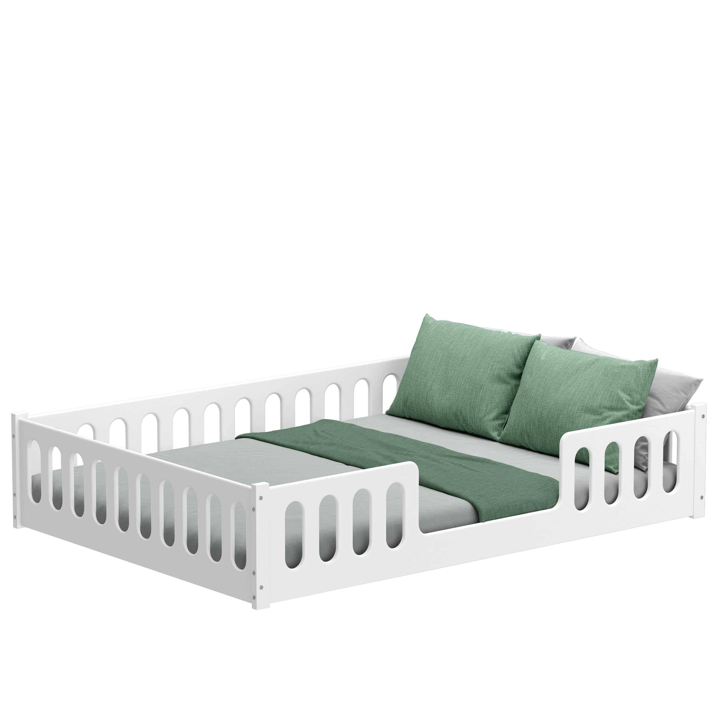 CADANI Monte 2in1 Bodenbett 140x200 cm Montessori Kinderbett Rausfallschutz abnehmbar - weiß, 46 kg schwer, bis 200 kg belastbar, extra starker Roll-Lattenrost, umbaubar