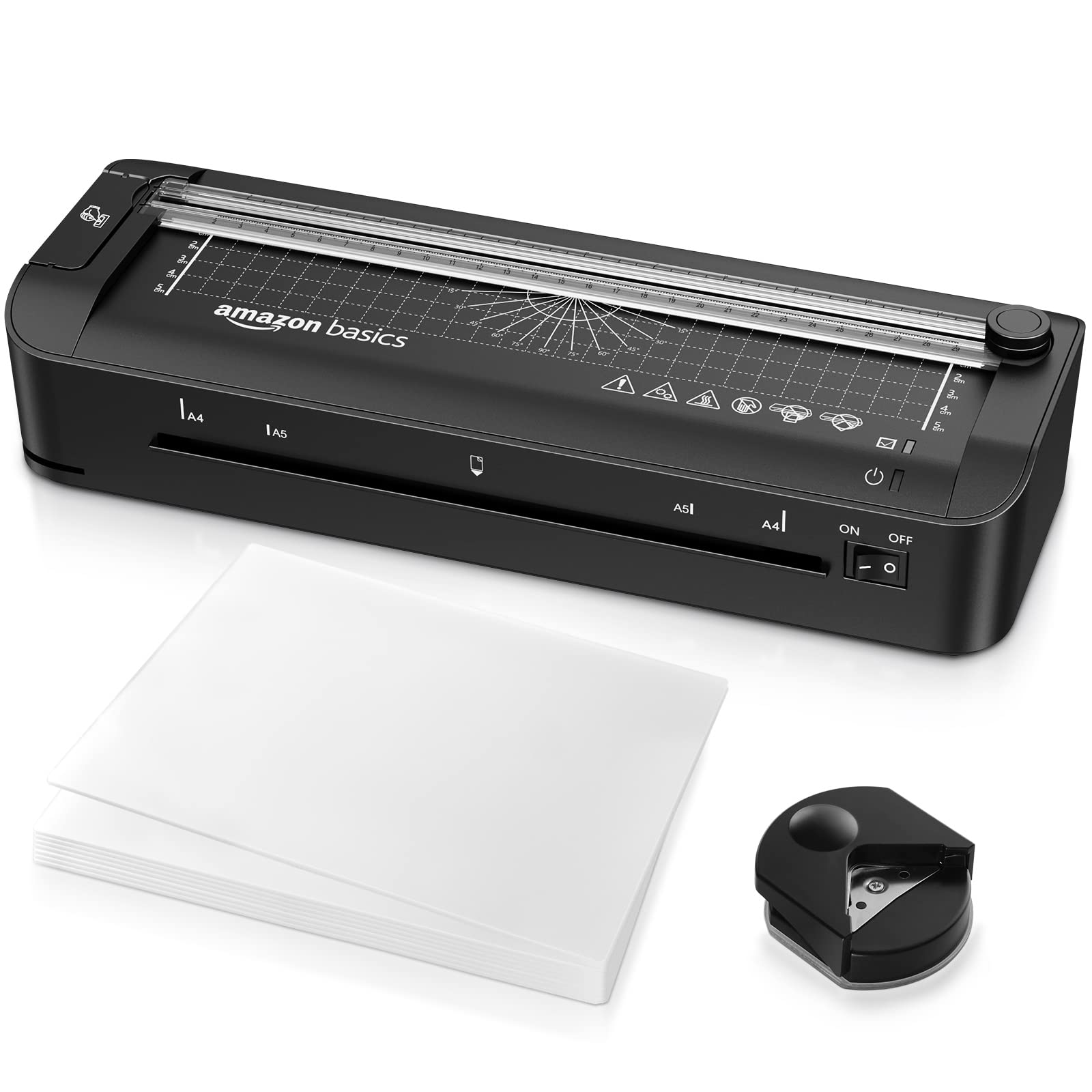 Amazon Basics 3-in-1-Thermolaminiergerät für A4-Größe, mit Funktionen zum Schneiden, Stanzen und Abrunden von Ecken, inkl. 10 Hüllen, EU-Stecker, Schwarz