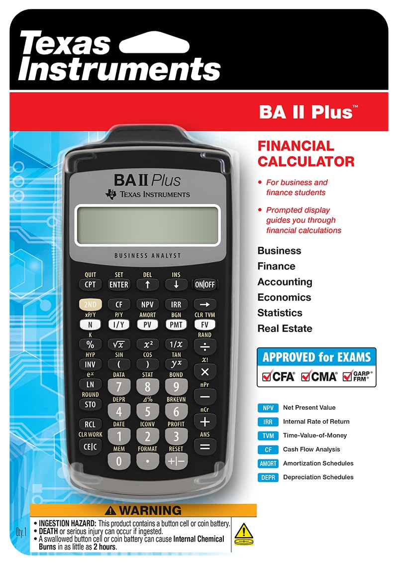 Texas Instruments BA II Plus Taschenrechner (Hosentasche, finanziell, Schwarz, Knöpfe, Akku)