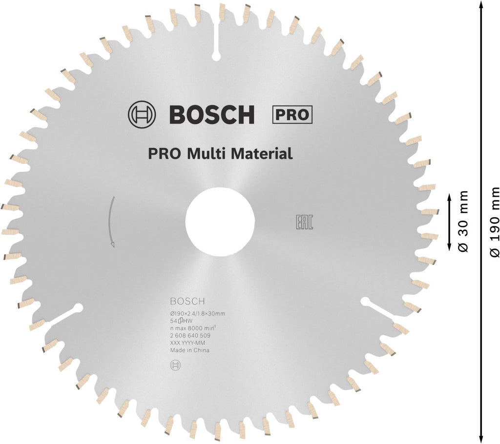 Bosch Professional Kreissägeblatt Multi Material zum Sägen in Multimaterial für Handkreissägen (Ør 190 mm), 2608640509, Farbe, Ø 190 mm / Bohrung 30 mm