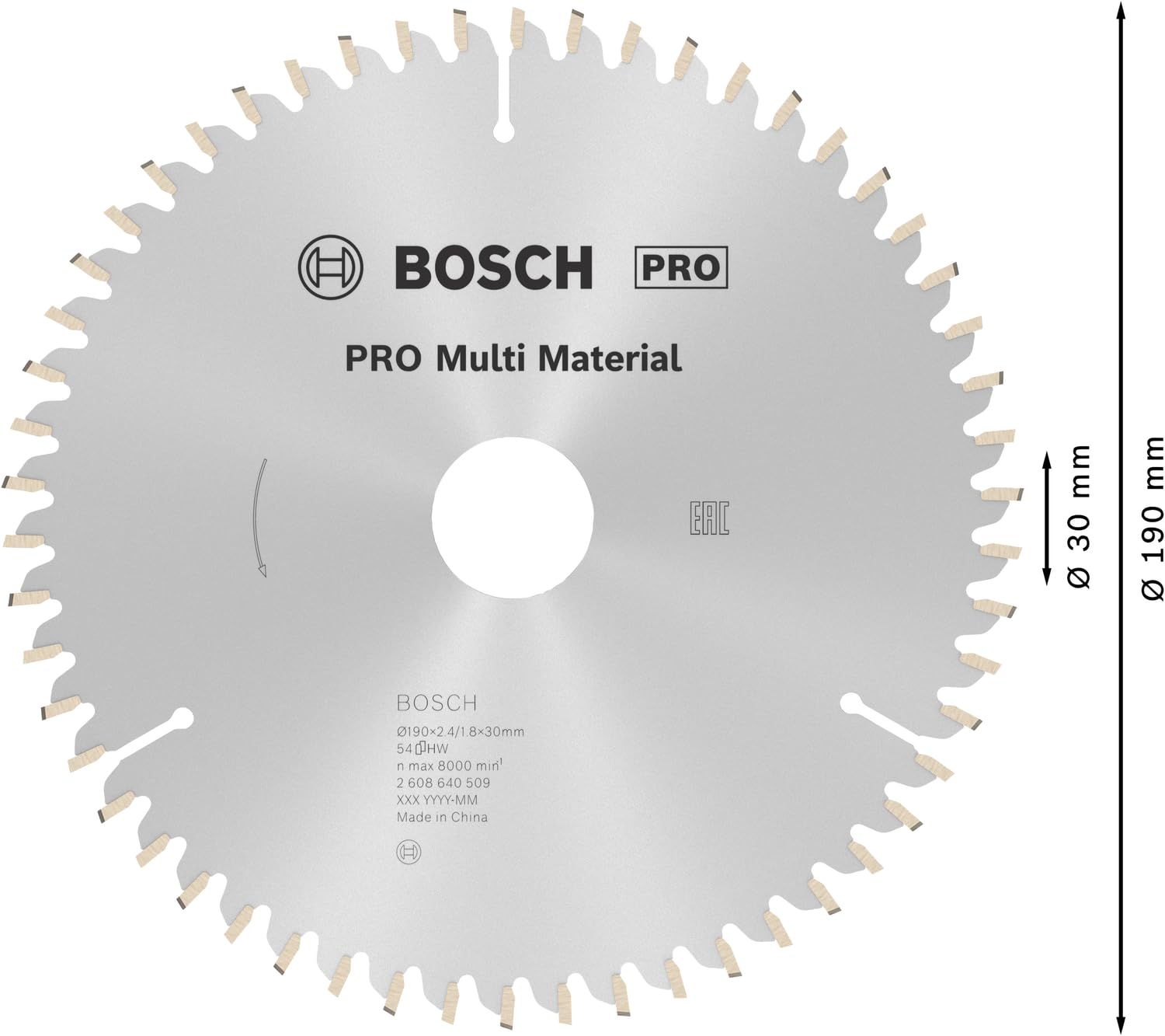Bosch Professional Kreissägeblatt Multi Material zum Sägen in Multimaterial für Handkreissägen (Ør 190 mm), 2608640509, Farbe, Ø 190 mm / Bohrung 30 mm