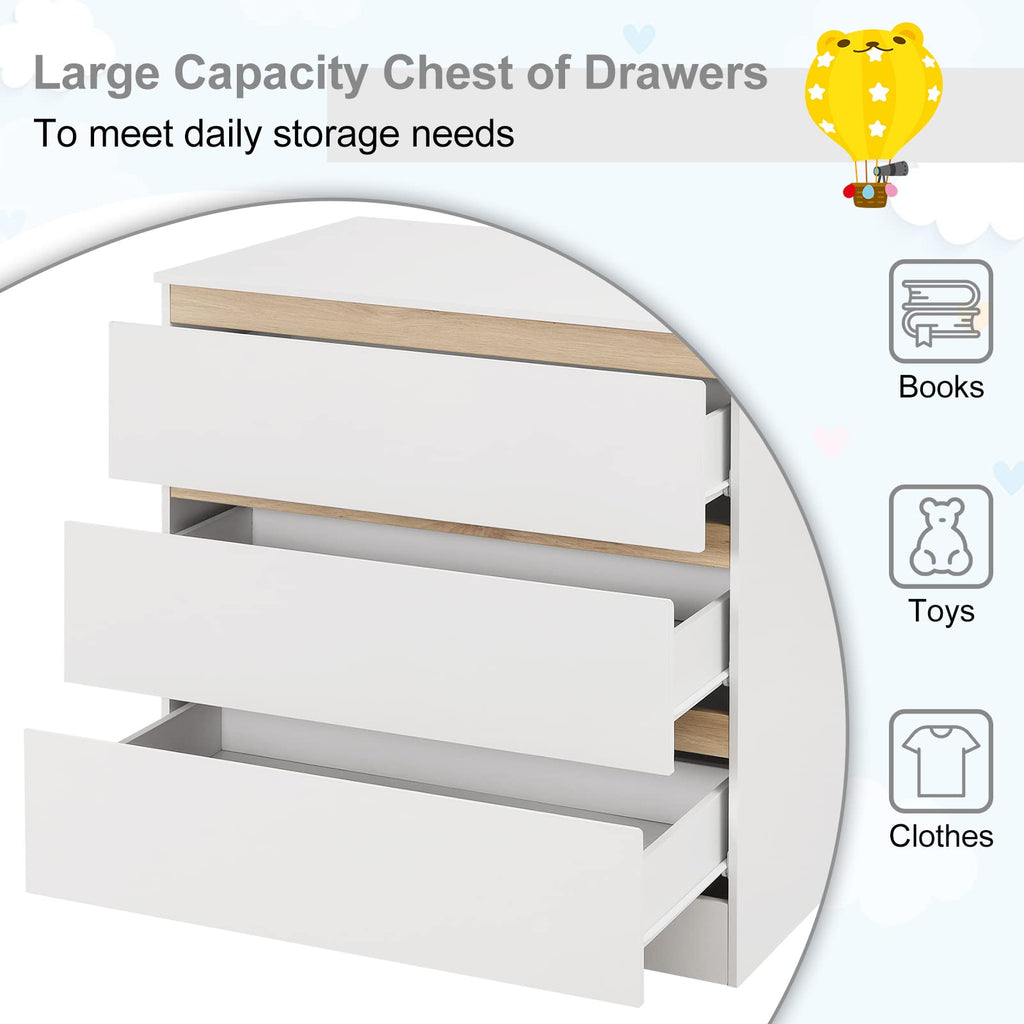WOLTU Wickelkommode mit Wickelaufsatz, Wickeltisch, Kommode mit 3 Schubladen, Wickelaufsatz abnehmbar, mit Kippschutz, 86 cm für Lendenwirbelschutz, Weiß+Eiche