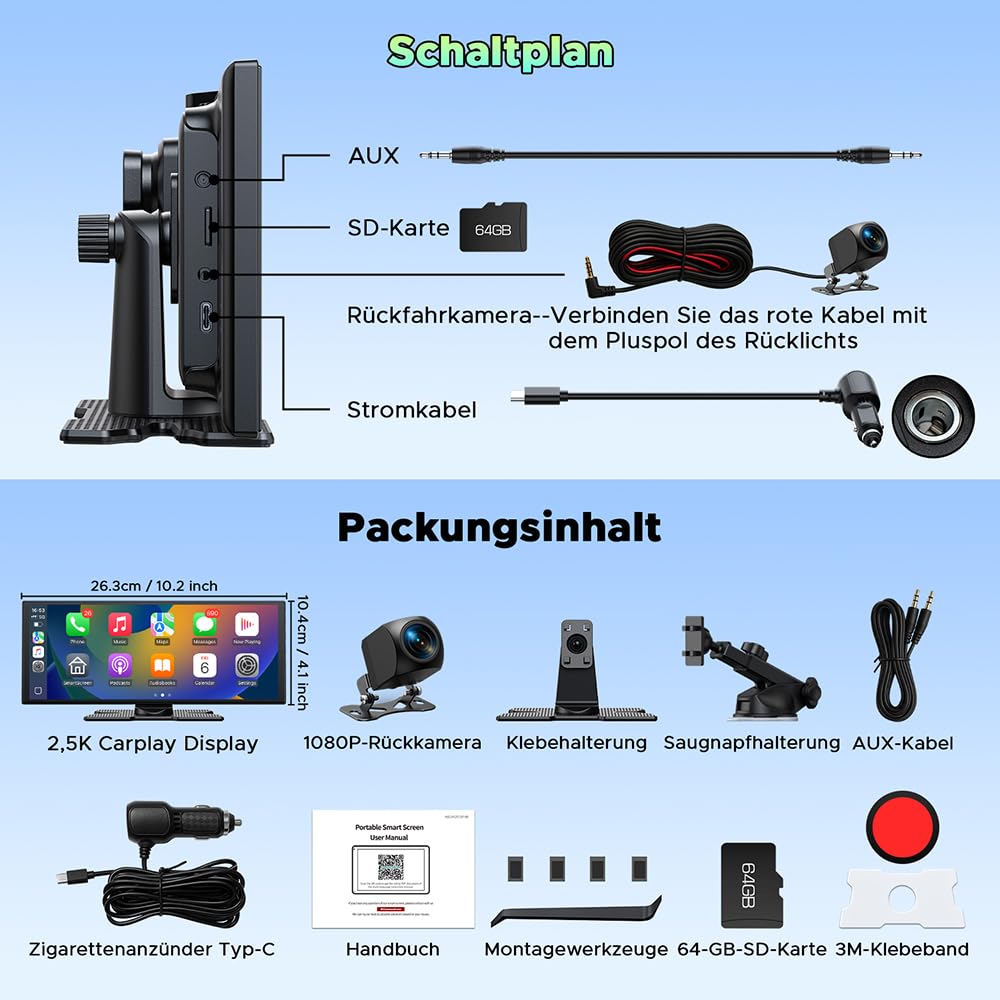 LAMTTO Wireless CarPlay Android Auto Display 10,25 Zoll In-Cell Touchscreen Car Play mit Dashcam 2.5K+1080P Sprachsteuerung Karten Navigation Bluetooth FM AUX Loop Aufnahme 64GB TF Karte