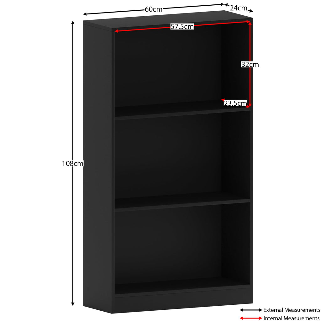 Vida Designs Cambridge Bücherregal mit 3 Ebenen, mittelhoch, schwarz, Holz-Regaleinheit für Büro, Wohnzimmermöbel, 24 x 60 x 108 cm
