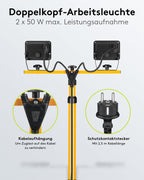 Goobay 2 x 50W Baustrahler LED mit Stativ einstellbar und 2,5m Kabel für Baustelle, Werkstatt oder Keller - IP65 Baulampe LED für Innen- & Außenbereich - Strahler 2x8500 Lumen kaltweißes Licht 6500K